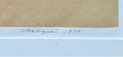 Lauri Ahlgren " Mustat muodot" sign  1959 väri puupiirros 21/99  50x65 cmkehystämätön