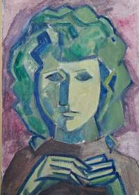 Leena Immonen. "Asetelma ja takan kubistiset kasvot"  öljyvärimaalaus sign  -63 kankaalle  38x53 cm kehystämätön