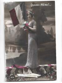 Propagandakortti, sotilaspostikortti, lippupostikortti Ranska WW I  kulkenut nyrkkipostissa