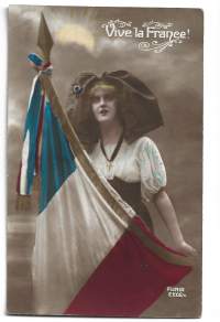 Eläköön Ranska!  Propagandakortti, sotilaspostikortti, lippupostikortti Ranska WW I  kulkenut nyrkkipostissa