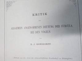 Kritik der allgemein angenommen Deutung der Furcula bei den Vögeln von E.J. Bonsdorf -eripainos 1869 -lintuihin liittyvä tieteellinen tutkielma, 4 liitekuvaa
