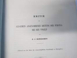 Kritik der allgemein angenommen Deutung der Furcula bei den Vögeln von E.J. Bonsdorf -eripainos 1869 -lintuihin liittyvä tieteellinen tutkielma, 4 liitekuvaa