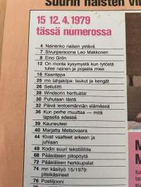 Me Naiset 1979 nr 15, Eino Grön kotisaarellaan, Marjatta Metsovaara, päivä lentoemännän elämässä Raija Tammivuori