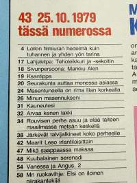 Me Naiset 1979 nr 43, Gina Lollobrigida,  Sivun persoona Markku Alen, Käte Nyberg Skandinavian kaunein, Tuulikki Kannisto, Väinö Rouvinen ja Meeri Torvinen