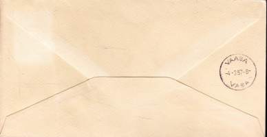 FDC Suomi  (ensipäiväkuori)  Yleismerkki Lammin kirkko  (3.3.1957). LAPE 474. Fenno-Skandia -postimerkkiseuran (15-v.) ensipäiväleima. Tuloleima Vaasa 4.3.