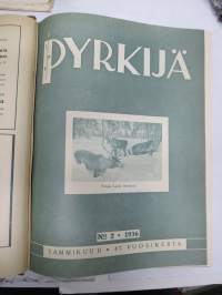 Pyrkijä 1936 -sidottu vuosikerta ("sidottu E. Tiluksen kirjansitomossa (Oulu, Isokatu 28, 20.12.1937"), Nuorisoseuraliikkeen lehtijulkaisu, monipuolinen sisältö