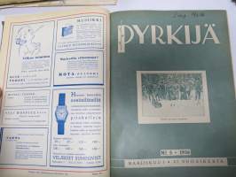 Pyrkijä 1936 -sidottu vuosikerta ("sidottu E. Tiluksen kirjansitomossa (Oulu, Isokatu 28, 20.12.1937"), Nuorisoseuraliikkeen lehtijulkaisu, monipuolinen sisältö