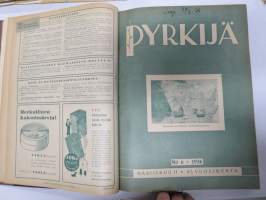 Pyrkijä 1936 -sidottu vuosikerta ("sidottu E. Tiluksen kirjansitomossa (Oulu, Isokatu 28, 20.12.1937"), Nuorisoseuraliikkeen lehtijulkaisu, monipuolinen sisältö