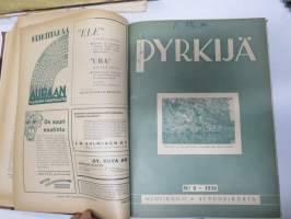 Pyrkijä 1936 -sidottu vuosikerta ("sidottu E. Tiluksen kirjansitomossa (Oulu, Isokatu 28, 20.12.1937"), Nuorisoseuraliikkeen lehtijulkaisu, monipuolinen sisältö