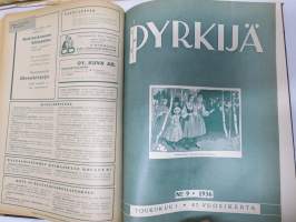 Pyrkijä 1936 -sidottu vuosikerta ("sidottu E. Tiluksen kirjansitomossa (Oulu, Isokatu 28, 20.12.1937"), Nuorisoseuraliikkeen lehtijulkaisu, monipuolinen sisältö