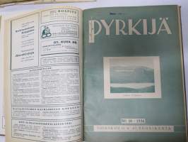 Pyrkijä 1936 -sidottu vuosikerta ("sidottu E. Tiluksen kirjansitomossa (Oulu, Isokatu 28, 20.12.1937"), Nuorisoseuraliikkeen lehtijulkaisu, monipuolinen sisältö
