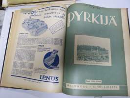 Pyrkijä 1936 -sidottu vuosikerta ("sidottu E. Tiluksen kirjansitomossa (Oulu, Isokatu 28, 20.12.1937"), Nuorisoseuraliikkeen lehtijulkaisu, monipuolinen sisältö