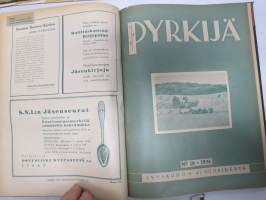 Pyrkijä 1936 -sidottu vuosikerta ("sidottu E. Tiluksen kirjansitomossa (Oulu, Isokatu 28, 20.12.1937"), Nuorisoseuraliikkeen lehtijulkaisu, monipuolinen sisältö