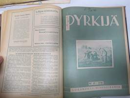 Pyrkijä 1936 -sidottu vuosikerta ("sidottu E. Tiluksen kirjansitomossa (Oulu, Isokatu 28, 20.12.1937"), Nuorisoseuraliikkeen lehtijulkaisu, monipuolinen sisältö