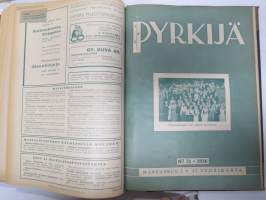 Pyrkijä 1936 -sidottu vuosikerta ("sidottu E. Tiluksen kirjansitomossa (Oulu, Isokatu 28, 20.12.1937"), Nuorisoseuraliikkeen lehtijulkaisu, monipuolinen sisältö