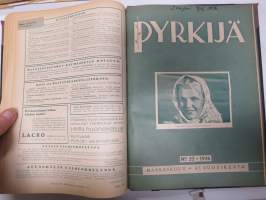 Pyrkijä 1936 -sidottu vuosikerta ("sidottu E. Tiluksen kirjansitomossa (Oulu, Isokatu 28, 20.12.1937"), Nuorisoseuraliikkeen lehtijulkaisu, monipuolinen sisältö