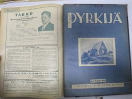 Pyrkijä 1936 -sidottu vuosikerta ("sidottu E. Tiluksen kirjansitomossa (Oulu, Isokatu 28, 20.12.1937"), Nuorisoseuraliikkeen lehtijulkaisu, monipuolinen sisältö