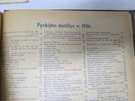 Pyrkijä 1936 -sidottu vuosikerta ("sidottu E. Tiluksen kirjansitomossa (Oulu, Isokatu 28, 20.12.1937"), Nuorisoseuraliikkeen lehtijulkaisu, monipuolinen sisältö