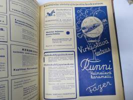 Pyrkijä 1936 -sidottu vuosikerta ("sidottu E. Tiluksen kirjansitomossa (Oulu, Isokatu 28, 20.12.1937"), Nuorisoseuraliikkeen lehtijulkaisu, monipuolinen sisältö