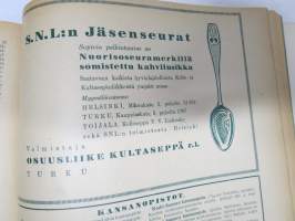 Pyrkijä 1936 -sidottu vuosikerta ("sidottu E. Tiluksen kirjansitomossa (Oulu, Isokatu 28, 20.12.1937"), Nuorisoseuraliikkeen lehtijulkaisu, monipuolinen sisältö