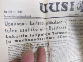 Uusi Aura su 3.6.1951, Raisio - Upalinko kartano palanut, Uudenkaupungin saaristossa, Palontorjuntaviikko, ym.