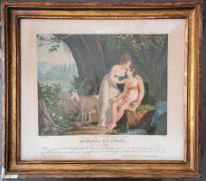 Daphnis ja Khloe - käsinväritetty metallipiirros 1800-luvun alku kehystetty 30x33 cm