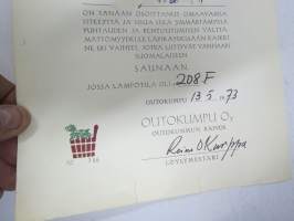 Outokumpu Oy - Outokummun kaivos - Saunatodistus nr 756 v. 1973 -myöntökirja (saajan nimi retusoitu kuvasta, on OK itse myöntökirjassa