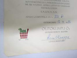 Outokumpu Oy - Outokummun kaivos - Saunatodistus nr 452 v. 1972 -myöntökirja (saajan nimi retusoitu kuvasta, on OK itse myöntökirjassa