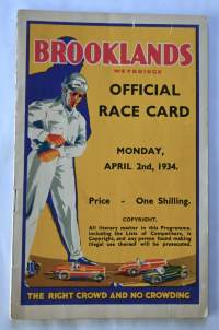 Brooklands Weybrige Official Race Card Monday April, 2nd, 1934