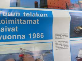 Veistämön viesti - Turun telakan tiedotuslehti nr 22, 18.12.1986 -kansikuvassa Turun telakan toimittamat laivat vuonna 1986, ym.