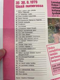 Me Naiset 1979 nr 35 (30.8.), Muotiliite, Päiviö Hetemäki, Suomen vanhin tehtaankirkko, Ari Angervo, Kalevi Kivistö, Nummen vanha pappila., Kuhmoinen