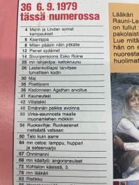 Me Naiset 1979 nr 36 (6.9.), Rauni-Leena Luukanen, sivun persoona Esko Roine, emännän paikka avoinna, Carola ja Berndt Nordgren muonamiehen mökki, Lupajan koulu