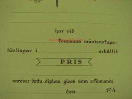 Kommunala Arbetsmästerskapstävlingar / Diplom = Maakunnalliset Työmestaruuskilpailut / Kunniakirja -sodanaikaisten työmestaruuskilpailujen plakaatti, pitihän