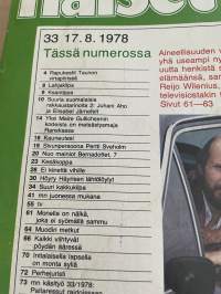 Me Naiset 1978 nr 33 (17.8.), Tauno Palo, Höyry Häyrinen, sivun persoona Pertti Sveholm, Risto Wilenius, Rymättylä Kaastlan Länsitalo, pöydät