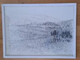 Vappu Heiska, " Maisema" tussipiirros sign 1972 koko 35x46 cm  kehystetty