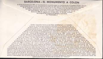 FDC - España 1965. Barcelona – Monumento a ColónPrimer día de emisión – 17.3.1965. (Kolumbuksen muistomerkki