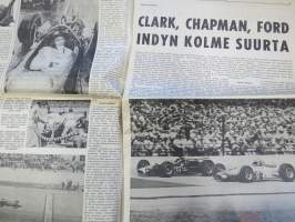 Vauhdin maailma 1965 nr 6, sis. mm. seur. artikkelit / kuvat / mainokset; Clark - Chapman - Ford - Indyn kolme suurta, Jouko Valli, Moottorirata Turkuun...