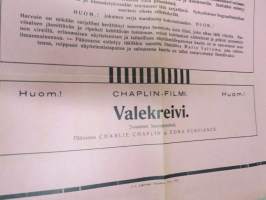 Elokuvateatteri Fennia (Pori?) - Punanen ässä + Charlie Chaplin-filmi Valekreivi -mykkäfilmi 1920 -elokuvajuliste