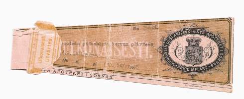 Sörnäisten Uusi Apteekki Arvid Melart - resepti  signatuuri  1948