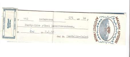 Malmin   Apteekki - resepti signatuuri 1957