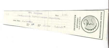 Kaivopuiston Apteekki  Yrjö Salminen Helsinki , resepti  signatuuri   1957