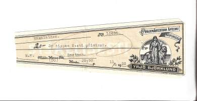 Punaisenlähteentorin  Apteekki  Wiipuri Yrjö Björklund  , resepti  signatuuri   1932