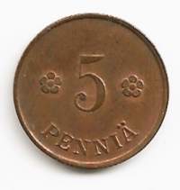 5 penniä  1922 kolikko