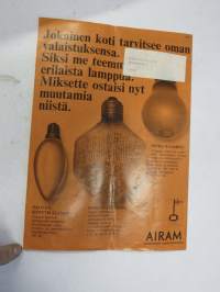 Airam Valo 1969 nr 3 -sähkö- ja valaistusalan asiakaslehti tukku- ja vähittäiskauppiaille, artikkeli mm. Tapiolan valoisa iltamaisema, Wirkkala kristallilamppumainos