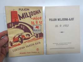 Puijon Miljoona-ajot 16.9.1951 -käsiohjelma + harvinainen "Autojen moottoripyörien erikoismaaäykset" eli kilpailusäännöt (vain talleille / kuljettajille tarkoitetut)