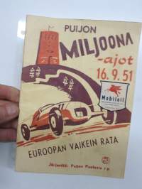 Puijon Miljoona-ajot 16.9.1951 -käsiohjelma + harvinainen "Autojen moottoripyörien erikoismaaäykset" eli kilpailusäännöt (vain talleille / kuljettajille tarkoitetut)
