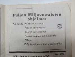 Puijon Miljoona-ajot 16.9.1951 -käsiohjelma + harvinainen "Autojen moottoripyörien erikoismaaäykset" eli kilpailusäännöt (vain talleille / kuljettajille tarkoitetut)
