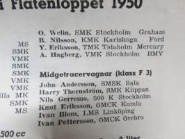 Flatenloppet 1950 -käsiohjelma, mm. suomalainen Evert Saloranta Ford V8 -vaunullaan osallistujana