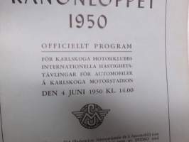 Kanonloppet 1950 Officielt program -käsiohjelma, mm. suomalainen Evert Saloranta Ford V8 -vaunullaan osallistujana