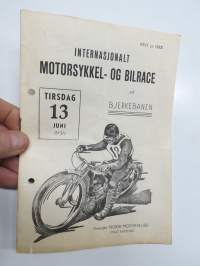 Bjerkebanen Motorcykkel- og bilrace 1950 -käsiohjelma, mm. suomalaiset Fred Geitel &amp; Evert Saloranta Ford V8 -vaunullaan osallistujana